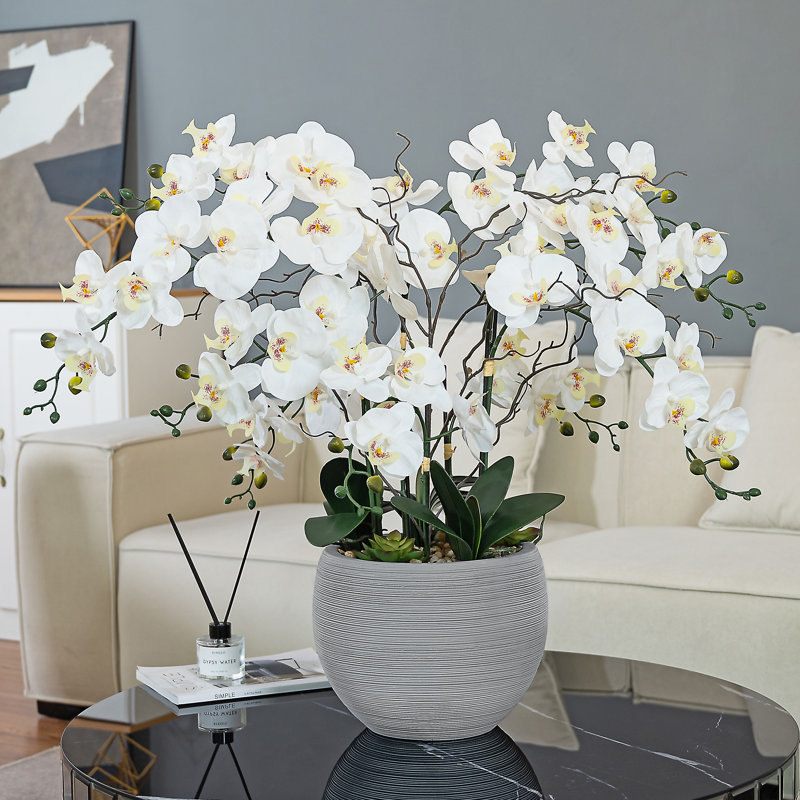 Gray Potted Faux Orchid Floral Arrangement for Outdoor Tabletop