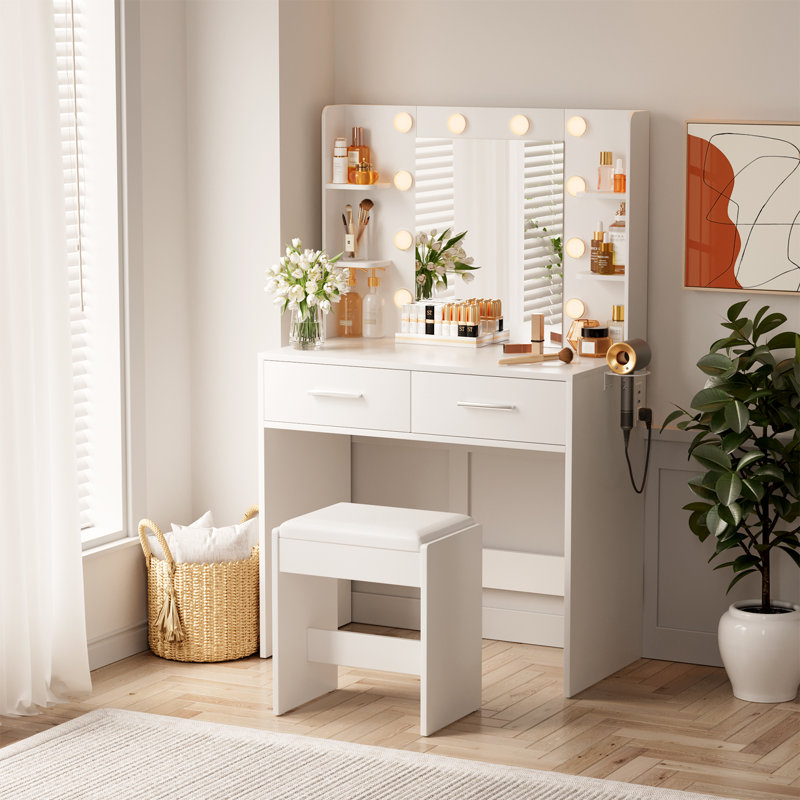 Makeup Vanity Desk with Chair, Adjustable Lights, Power Outlet and Mirror, Yes, White