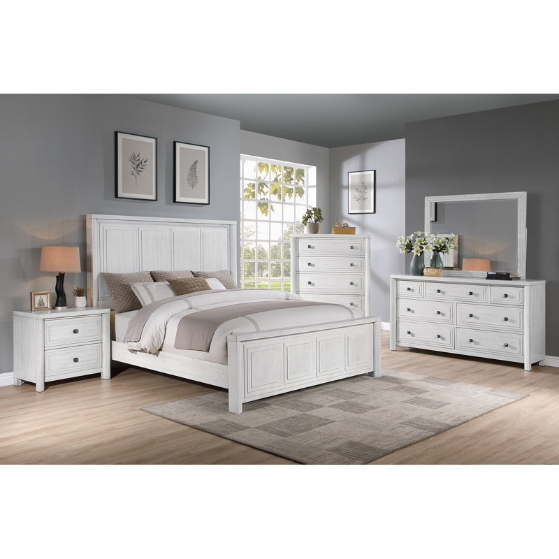 Sunset Trading Dover 5PC Bedroom Furniture Set | Panel Bed Frame With Headboard, Footboard And Rails, Matching Storage Dresser, Mirror, Chest Of Drawers, Nightstand | Cerused White Oak Wood