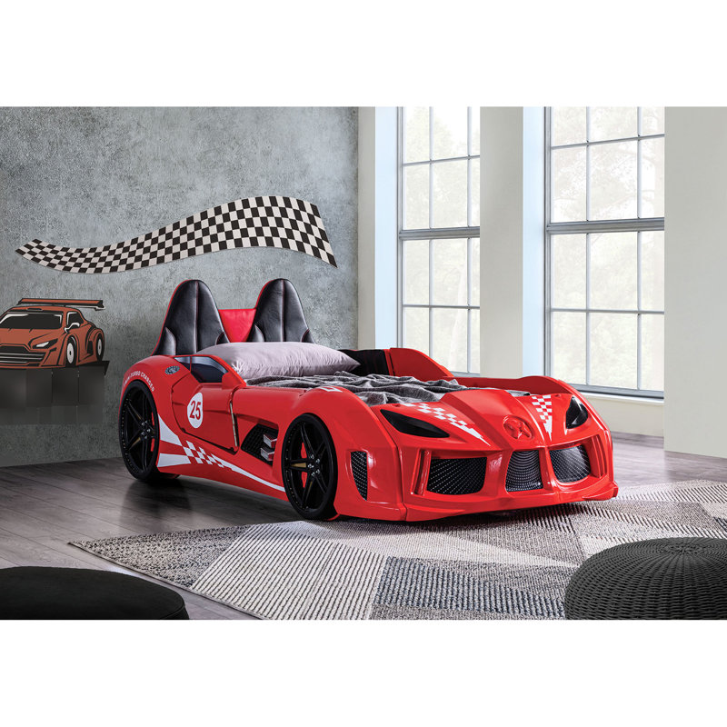 Twin Size Red Race Car Bed In Modern Novelty Cast, Magnetic Opening Doors, Led Lights On Wheels And Bottom, Upholstered Headboard, Remote - Operated 4 Sound Assemblages, Headlights As Night Sparkles