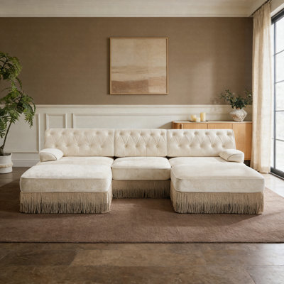 3-Seater Pet-Friendly Velvet Chesterfield Sofa With 2 Ottoman, Button Tufted Modular Couch With Tassel Fringe Skirt, Free Combination Sectional Sofa