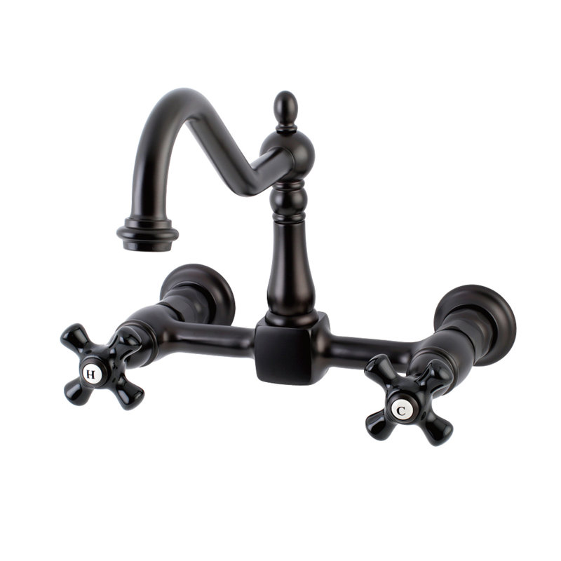 Kingston Brass Heritage Double-Handle 2-Hole Wall-Mount Bridge Kitchen Faucet, Oil Rubbed Bronze/Trim Black