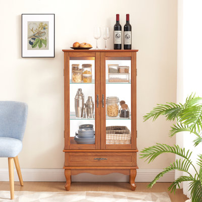 Lighted Glass Display Cabinet Glass Wine Cabinet Curio Display Cabinet With Adjustable Glass Shelves Two Doors And One Drawer Bulb Included For Home Decor And Storage