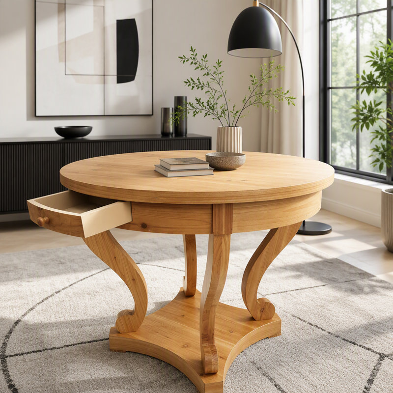 Table ronde Farmhouse avec pieds courbés et tiroirs de rangement - 2 places, Natural Wood