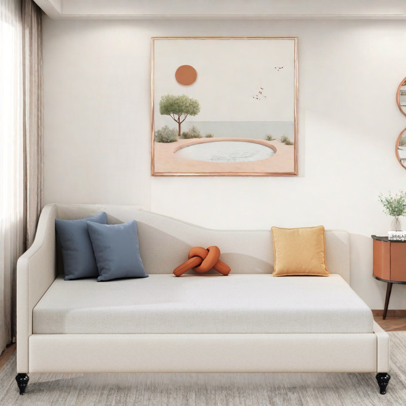 L-shaped Linen Daybed With Solid Wood Legs, Beige, Full