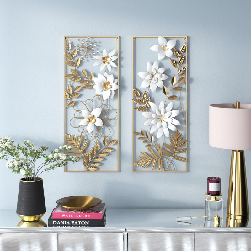 Metal Floral Home Wall Decor with Gold Frame