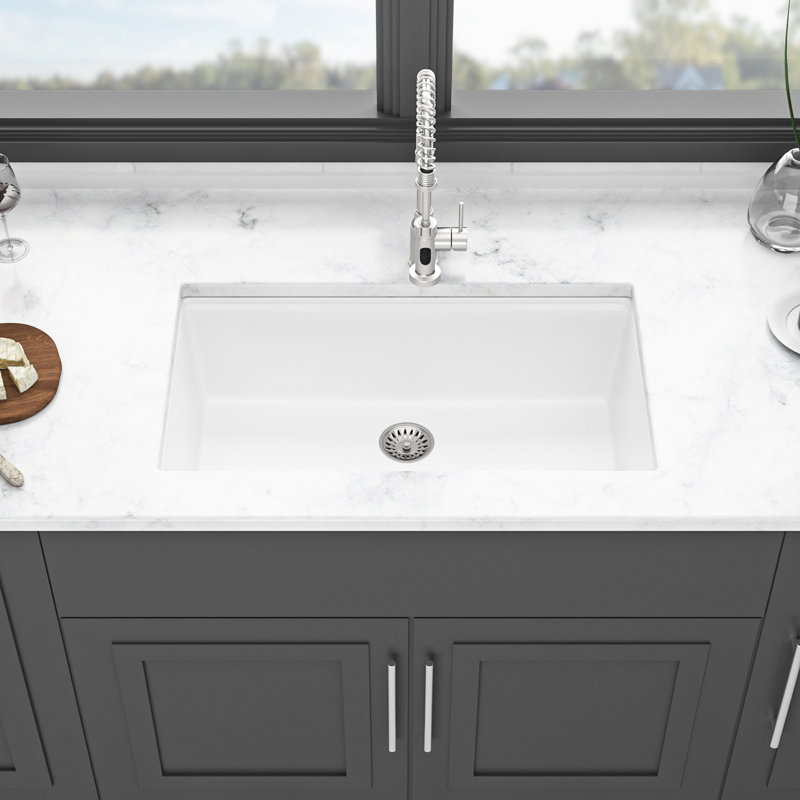 Évier de cuisine 32 po x 19 po en composite de quartz - poste de travail encastré, cuve blanche 32 x 19 po, silencieux, Noir