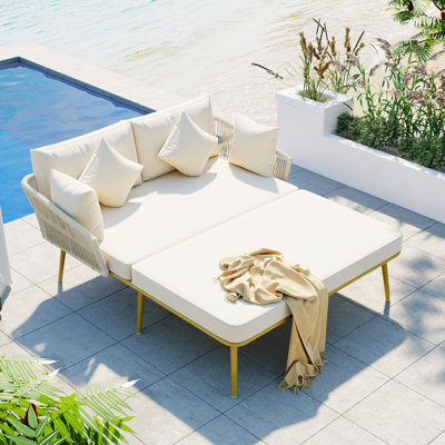 Outdoor Patio Daybed, Woven Nylon Rope Backrest With Washable Cushions For Balcony, Poolside, Set For 2 Person