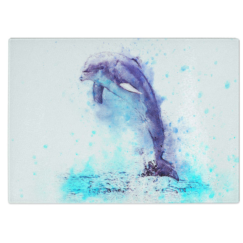 Glass Jumping Dolphin in Abstract Chopping Board, 39 cm W x 28.5 cm L