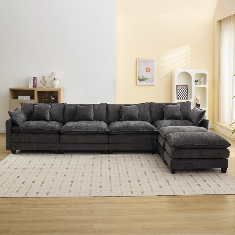 Canapé modulaire rembourré en chenille avec repose-pieds Chenille, Gris foncé, 6