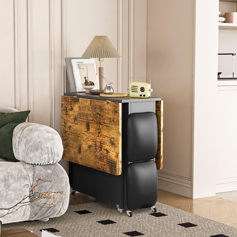 Ensemble de table de salle à manger pliable avec 4 tabourets, table de cuisine peu encombrante avec roulettes et tablette de rangement, table d'appoint à abattants multifonctionnelle pour petit appartement