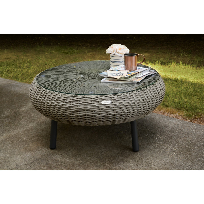 Round Outdoor Wicker Coffee Table with Tempered Glass Top - 34" Diameter, Driftwood