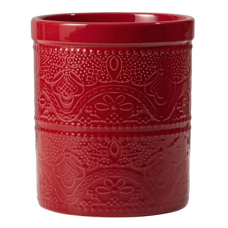 7.2" Super Large Ceramic Utensil Holder (Bright White, Lace Emboss), Christmas Red