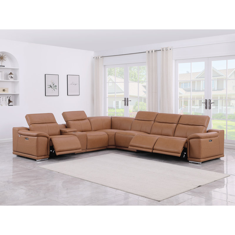 Laurita Genuine Top Grain Italian Leather Symmetrical Reclining Corner Sectional, Cognac Genuine Leather