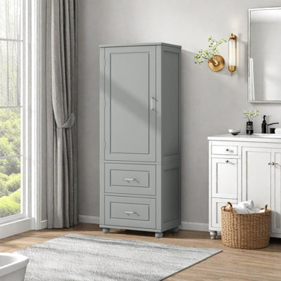 Armoire de rangement pour salle de bain avec tiroirs et tablettes réglables, armoire de plancher autoportante en panneau de fibres à densité moyenne avec poignées en acrylique, dispositif anti-basculement, finition imperméable peinte