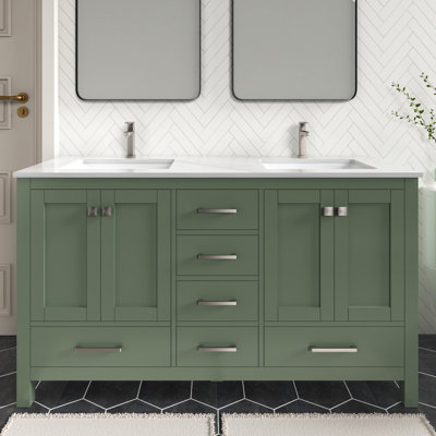 Anvay 60 in. Double Sinks Freestanding Bathroom Vanity in Forest Green with Carrara Marble Top