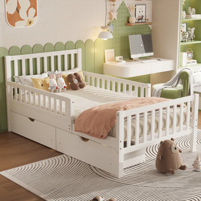 Lit simple de taille standard avec garde-corps sur les deux côtés et deux tiroirs de rangement, lit en pin massif de conception classique, blanc, sans sommier