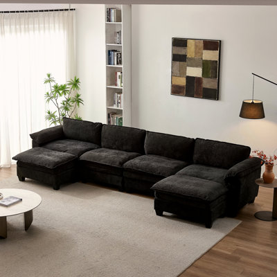 Living Room Furniture Sofa Luxury Couch Four Seater With Two Ottomans Soft Chenille Upholstered U Shape Sofa