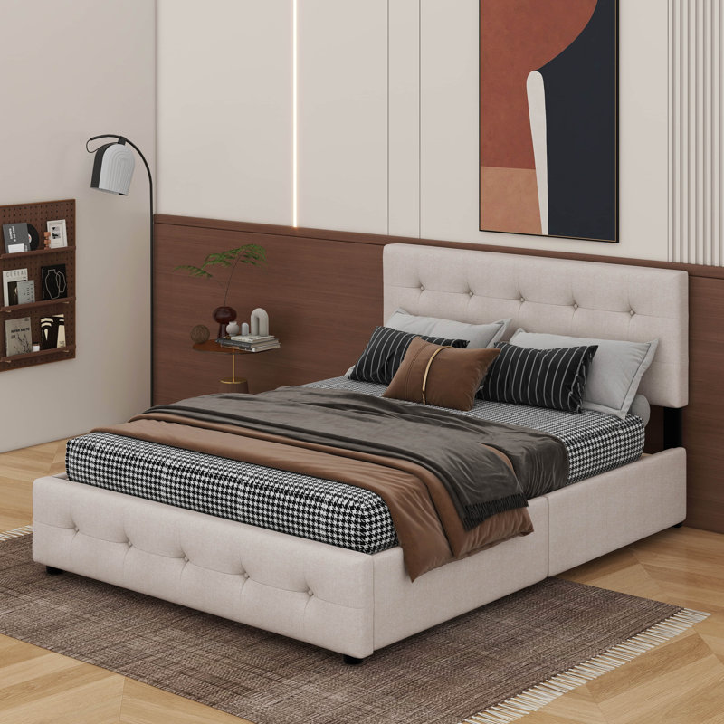 Grand lit plateforme tapissier avec 2 tiroirs et un lit gigogne, Beige foncé