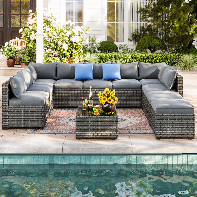 10 - Person Wicker / Rattan Outdoor Sectional Seating Group Storage Table, Gray