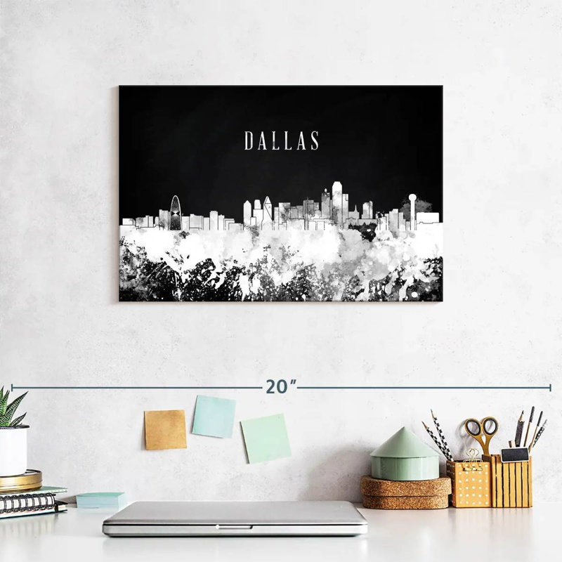 Impression sur toile Dallas Skyline BW, H 8 po x l 12 po x P 1 po