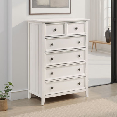 Commode haute Etgo, placage en mélamine blanche, 5 tiroirs