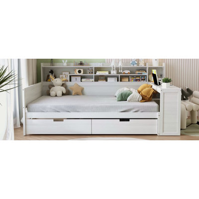 Lit de jour double en bois avec tablettes de rangement, lit multifonctionnel avec deux tiroirs de rangement et bureau d'étude