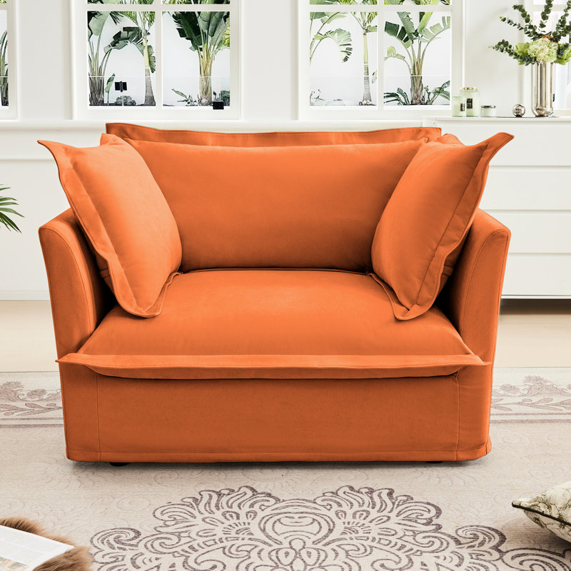 Simple, fauteuil en chenille orange, grand coussin de dossier, coussins décoratifs confortables, housses amovibles, base en bois massif