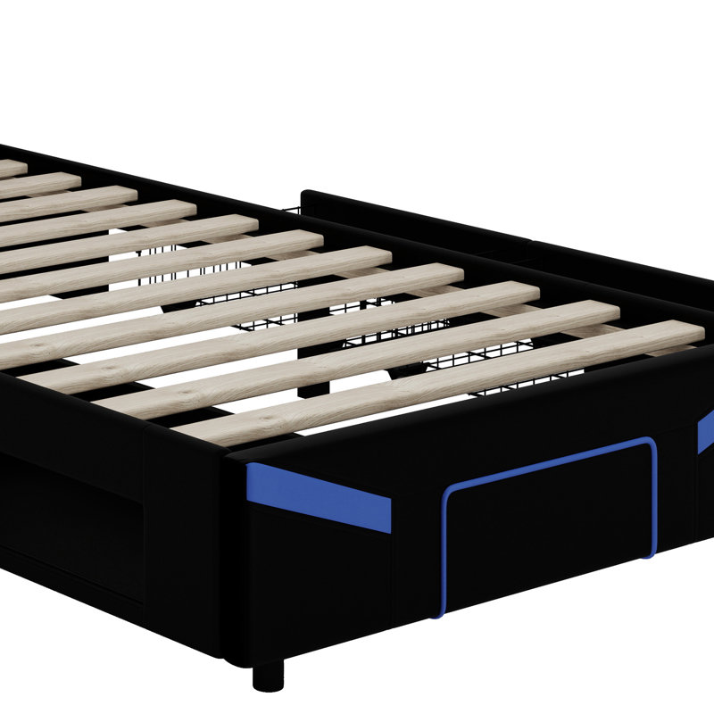 Structure de lit à DEL avec plateforme rembourrée, tablettes de rangement intégrées et tiroirs, Bleu