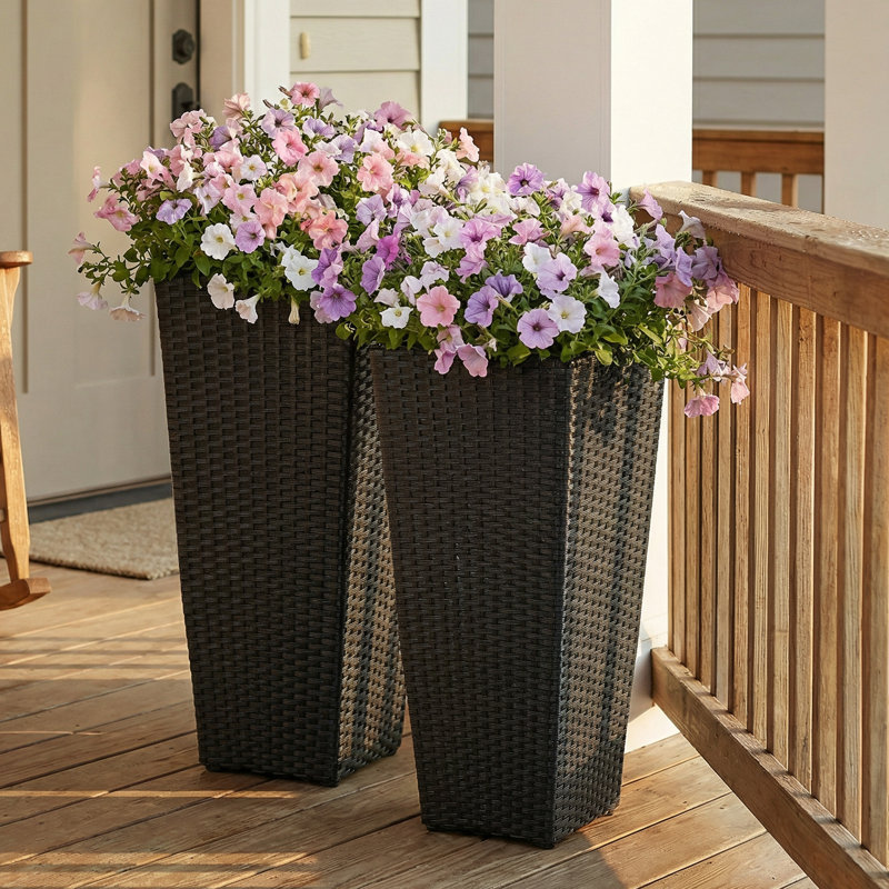 Saige Square Black Polyrattan Outdoor Planter Set with Liner - 24" H, 24" H x 11" W x 11" D