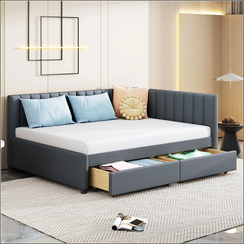 Full Size Upholstered Daybed With 2 Storage Drawers Sofa Bed Frame No Box Spring Needed, Gray