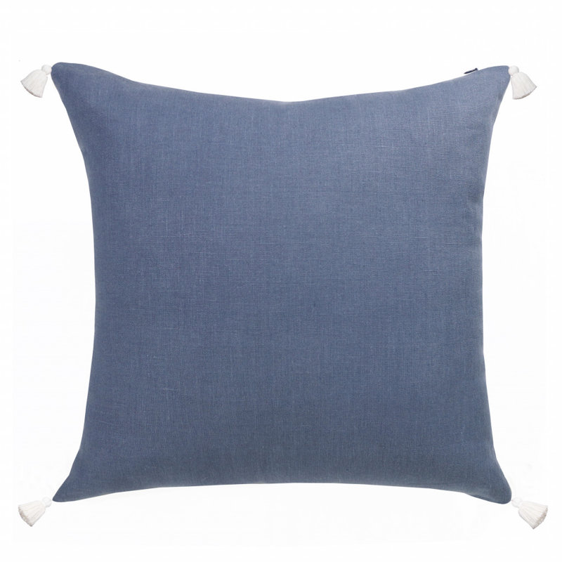 Navy Hand-Woven Embroidered Linen Throw Pillow with Tassels, 20" x 20"