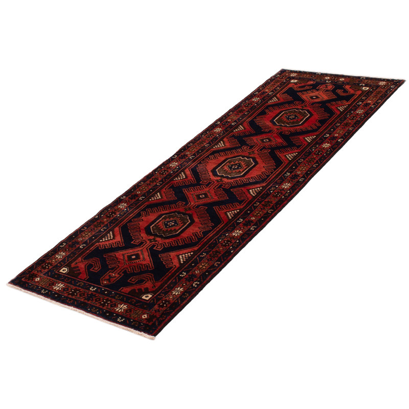 Tapis de couloir bleu marine en laine noué à la main de conception unique 3 pi 5 po x 10 pi 2 po Moana