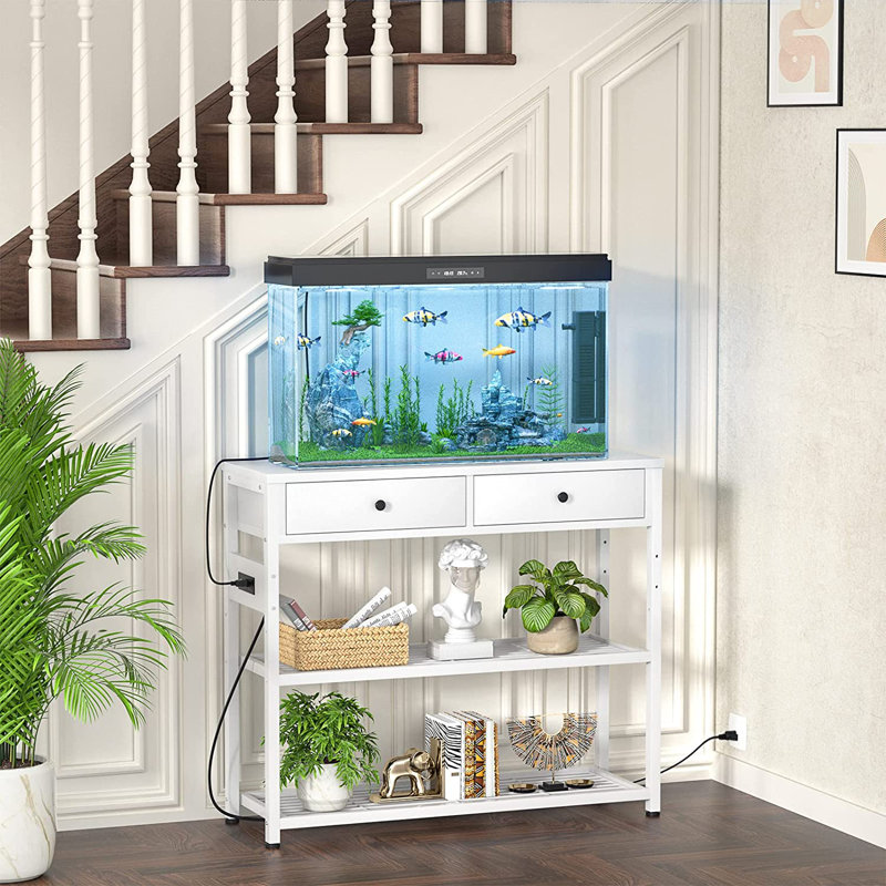 White Wood Console Table with Drawers and Storage Shelves