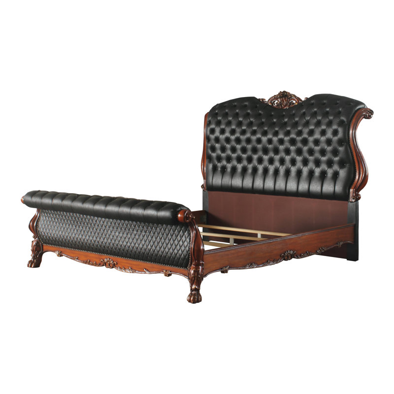 Lit-bateau tapissier Sophie, Grand, Noir / chêne cerise