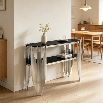 Table console ovale Art déco pour entrée, étagère à deux niveaux en verre trempé noir, meuble d'appoint en acier inoxydable poli