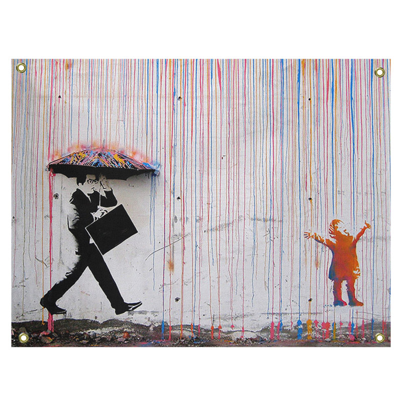 Tapisserie de l’homme en polyester à l’intérieur de la pluie petite fille, H 26 po x l 36 po x P 1 po