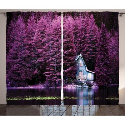 Lavender Purple Trees by a Lake with Blue Wooden Rustic Lakehouse Lodge Romantic Spring Nature Graphic Print & Text Semi-Sheer Rod Pocket Curtain Pane -  Ambesonne, p_23524_108x84