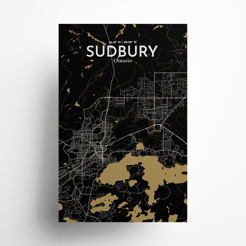 " Sudbury Canada City Map ", 17" H x 11" W, Black/Gold