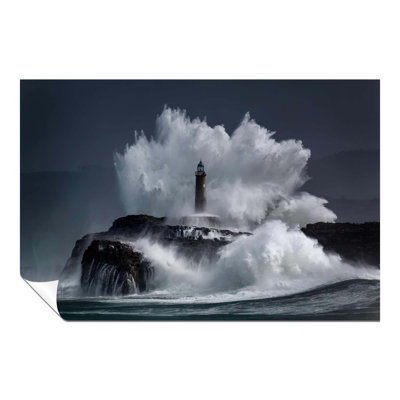 Old Lighthouse and Sea Wave Splash at Night 1 Piece Wall Art