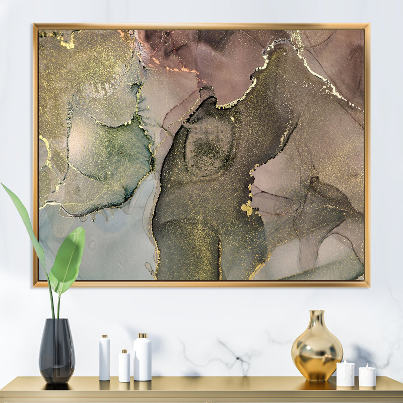 «Gray and Green Liquide Art I», reproduction sur toile, H 12 po x l 20 po x P 1 po, Cadre flottant doré