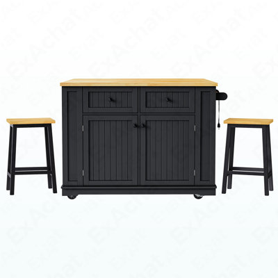 48 Inch Large Kitchen Island With Drop Leaf,Power Outlet,Internal Storage Rack,Rolling Kitchen Storage Cart On 5 Wheels With 5 Open Side Racks,For Kitchen,Dining Room,Black(Not Include Stools)