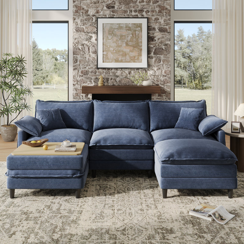 108'' Comfy  U Shaped Sectional Modular Deep 5-Piece Cloud Sofa with Ottomans- Premium Fabric, Blue Corduroy