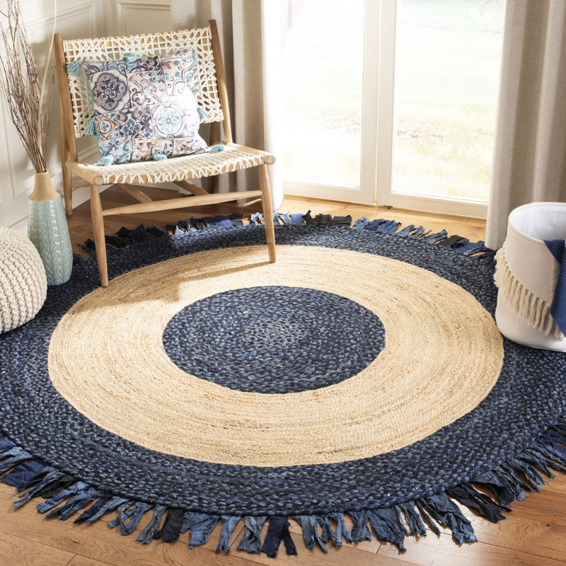 Procter Hand Woven Cotton/Jute Rug in Navy/Natural, Round 7'