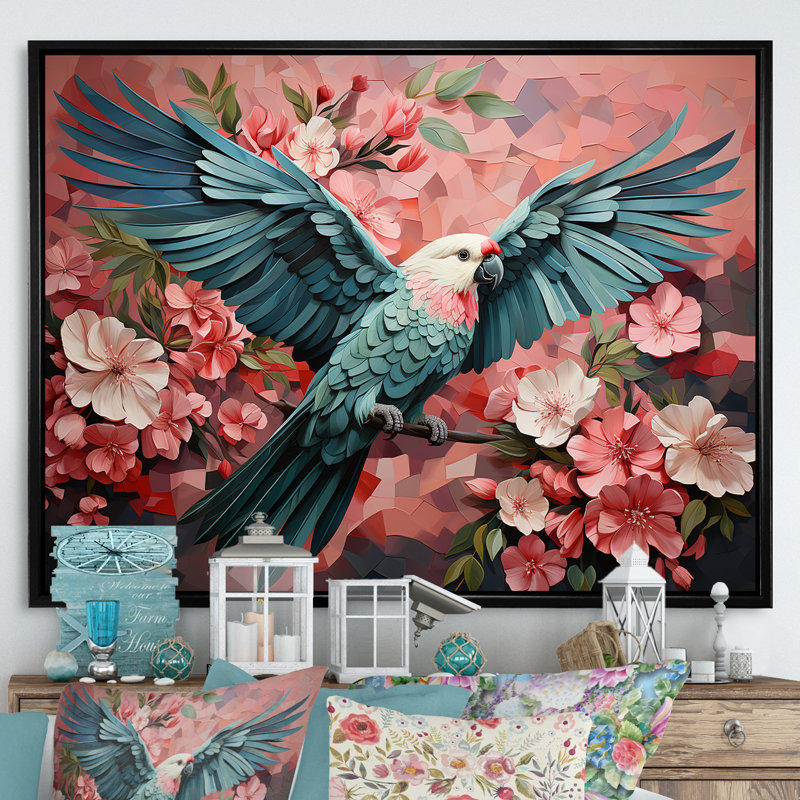 «Blue and Pink Parrot Paradise IV», art mural perroquet, Cadre flottant noir, H 30 po x l 40 po x P 1,5 po
