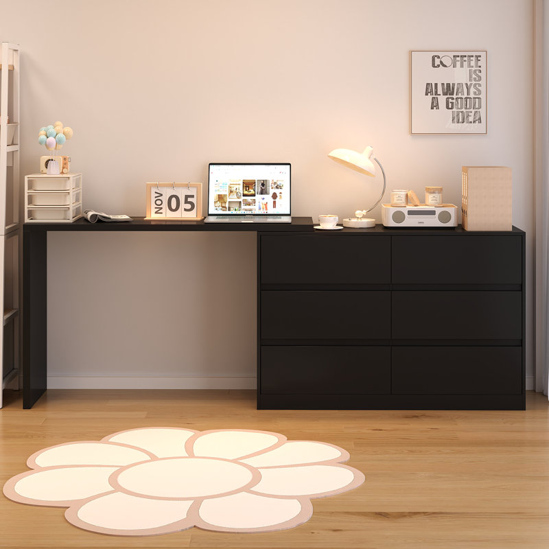 Bureau d'ordinateur rotatif en L avec armoire de rangement à 6 tiroirs, Noir