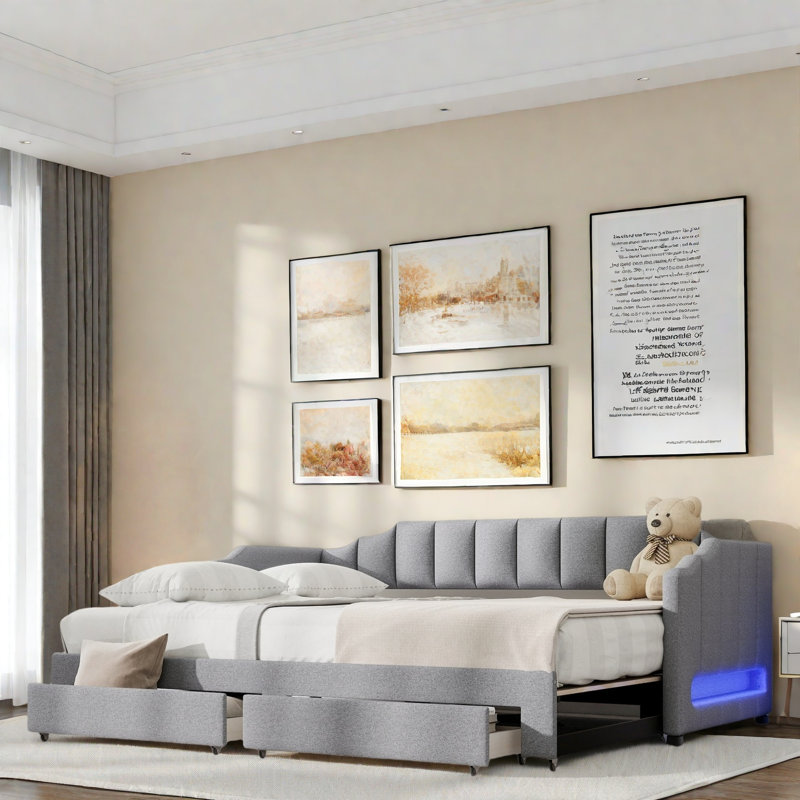 Extendable Upholstered Daybed With 2 Storage Drawers And Led Light, Gray