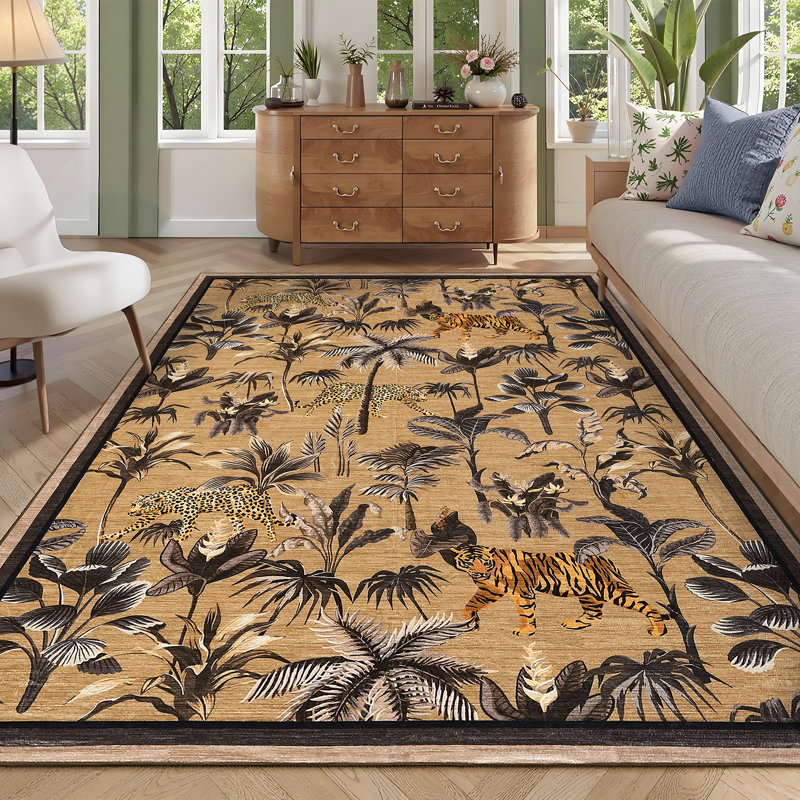 Tiger Area Rug for Living Room, Machine Washable Non-Slip Low Pile Rug, Botanical Jungle Animal Print Rug, Stain-Resistant Soft Foldable Floor Covering