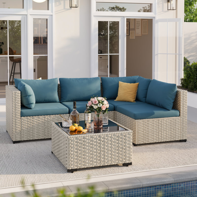Ensemble de conversation de patio 5 pièces avec table basse et coussins, Bleu paon