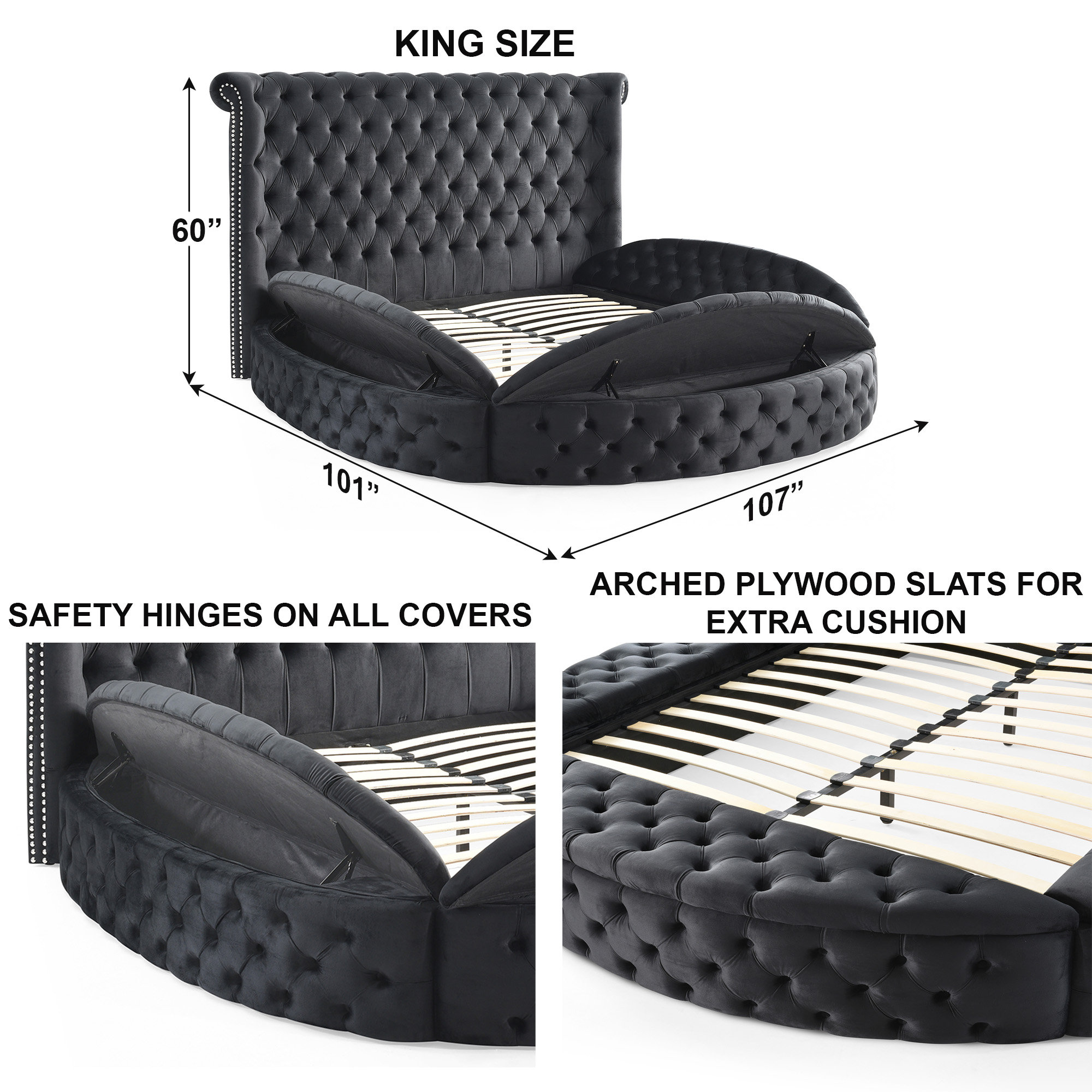 Mirna Upholstered Velvet Round Storage bed with Wingbacks